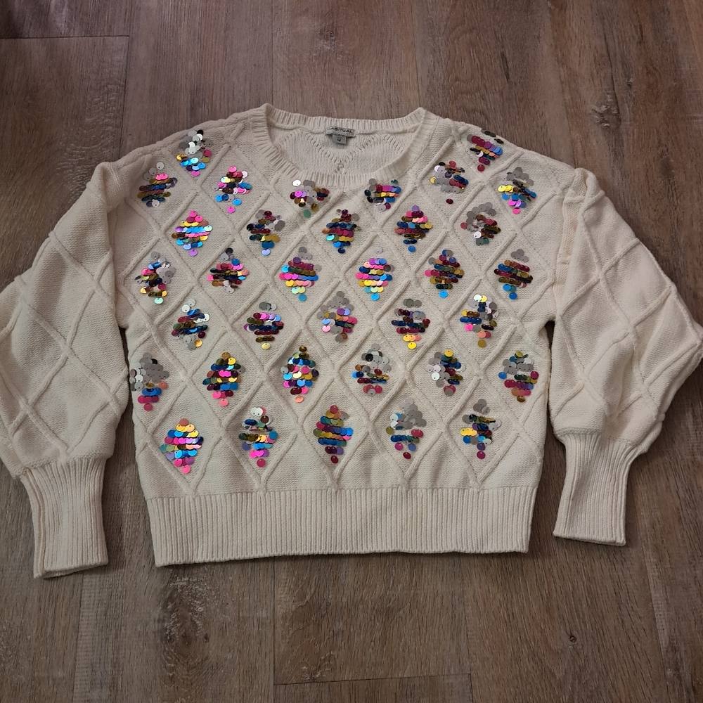 Habitual Sequin Embellished Cream Cable Knit Kid's Sweater Girl's Size 12